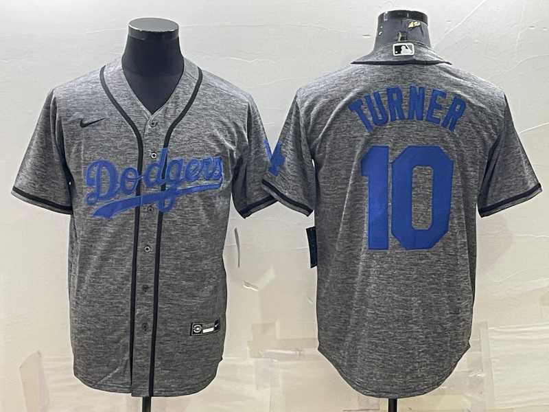 Mens Los Angeles Dodgers #10 Justin Turner Grey Gridiron Cool Base Stitched Baseball Jersey->los angeles dodgers->MLB Jersey